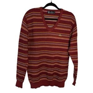 Monte Carlo Collection Mens Magna Wool V-Neck Sweater Burgundy Chevron Stripe 42